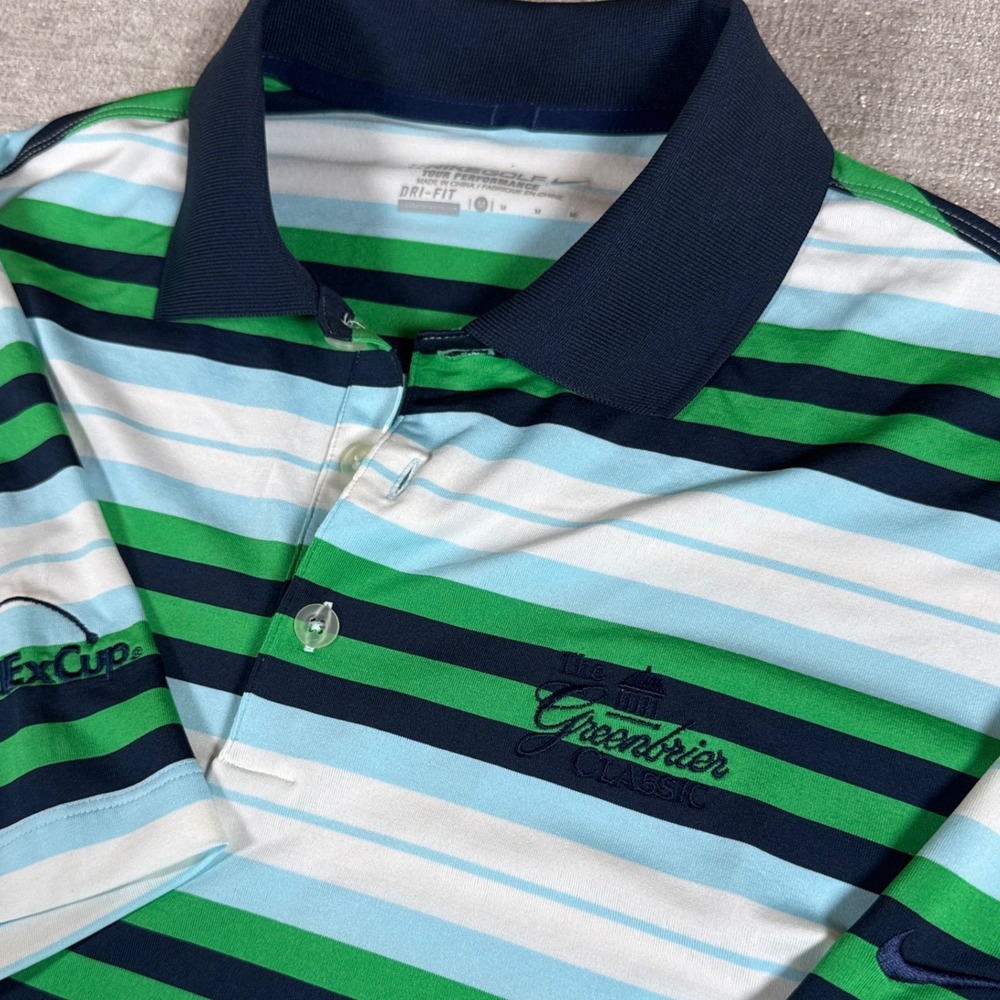 Nike Golf Polo Mens Med Green Blue Striped Greenbrier Classic FedExCup Stretch